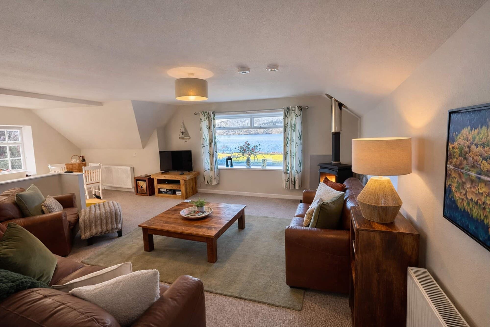 The sitting room, with comfy sofas and the picture window over Loch Tummel
